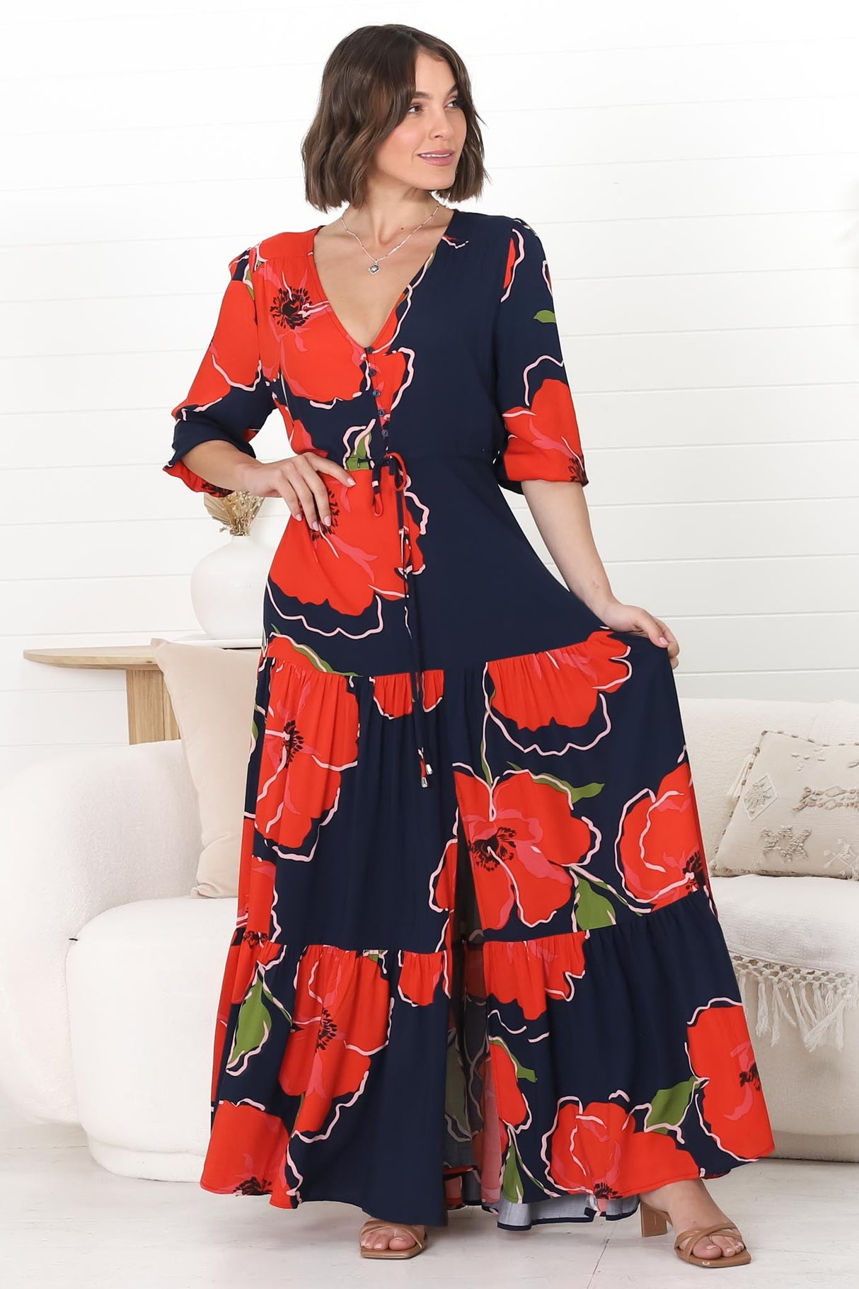 Lenna Maxi Dress - A Line Dress with Pull Tie Waist in Lidye Print