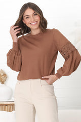 Falinda Knit Top - Crew Neck Lace Sleeve Knit in Tan