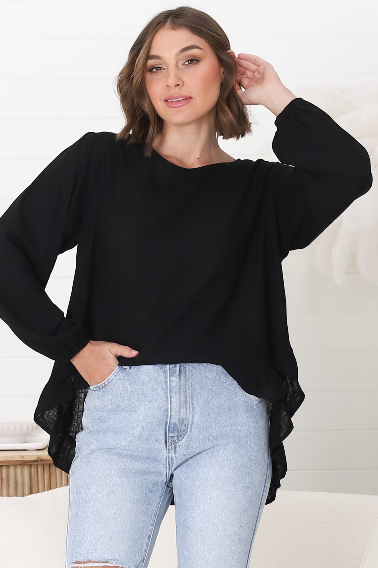 Solara Top - Crew Neck Linen Blend Frill Hemmed Top in Black