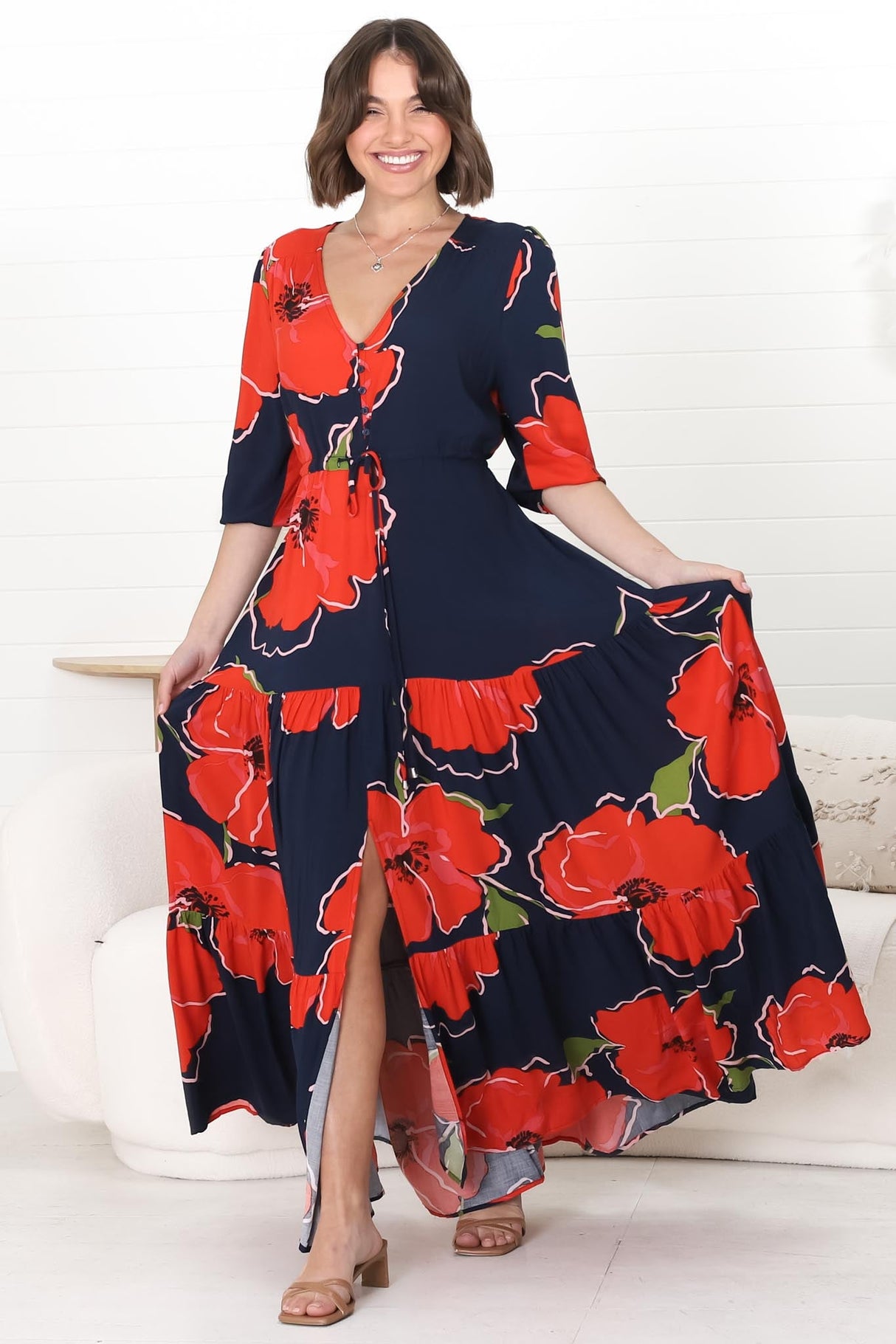 Lenna Maxi Dress - A Line Dress with Pull Tie Waist in Lidye Print