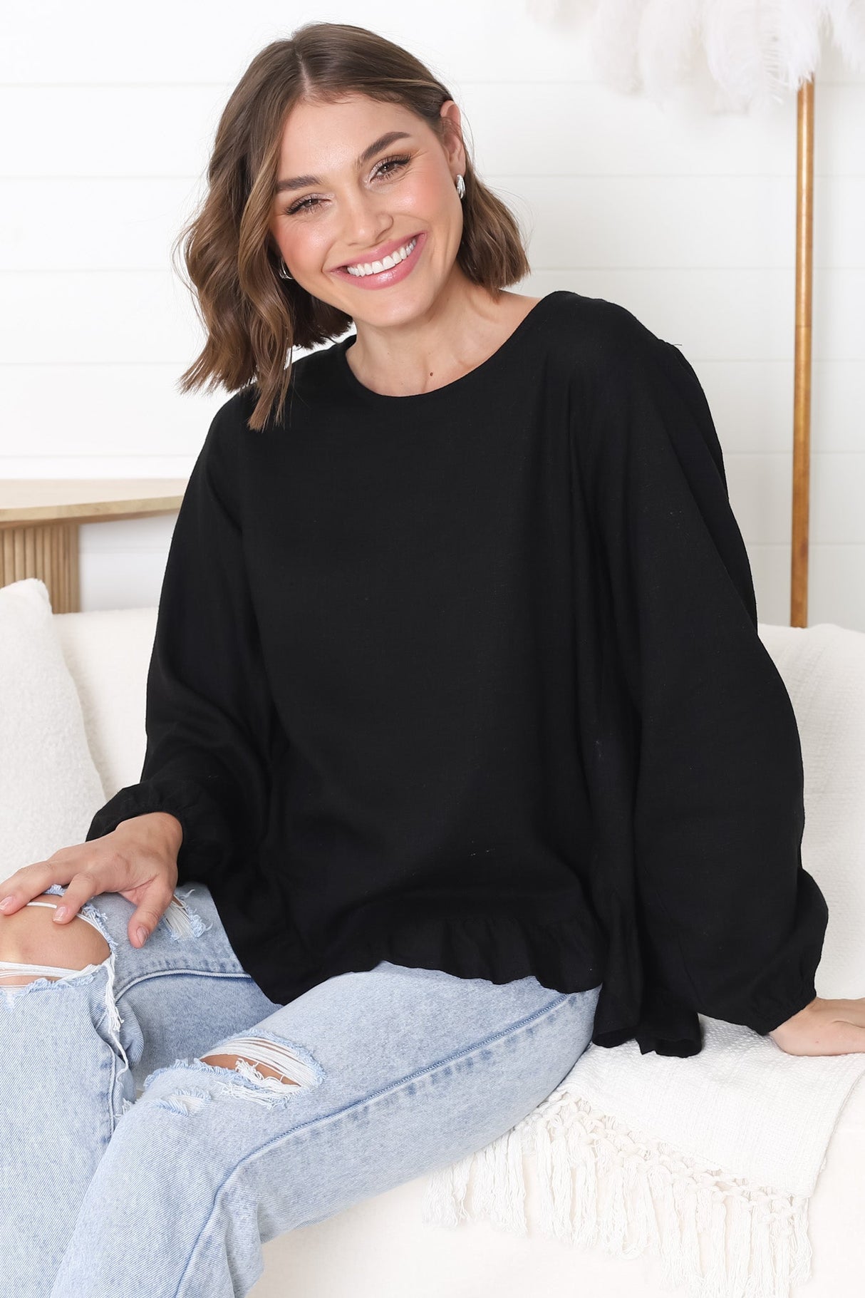 Solara Top - Crew Neck Linen Blend Frill Hemmed Top in Black