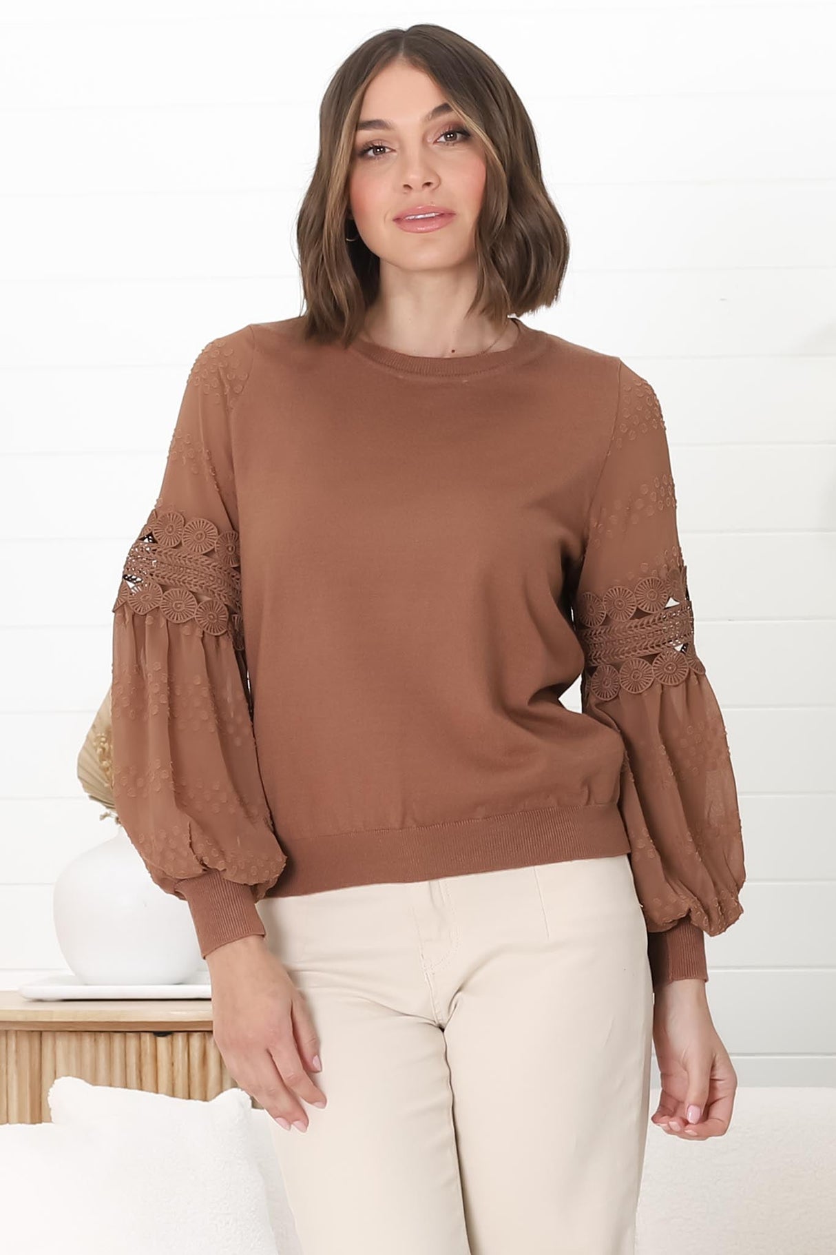 Falinda Knit Top - Crew Neck Lace Sleeve Knit in Tan