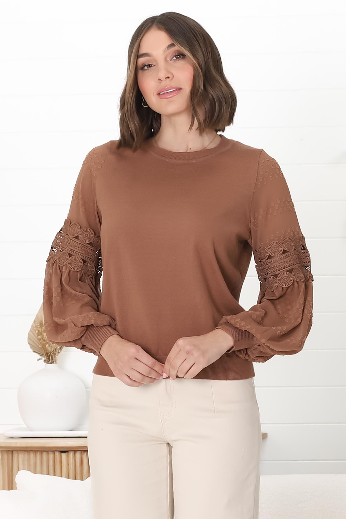 Falinda Knit Top - Crew Neck Lace Sleeve Knit in Tan