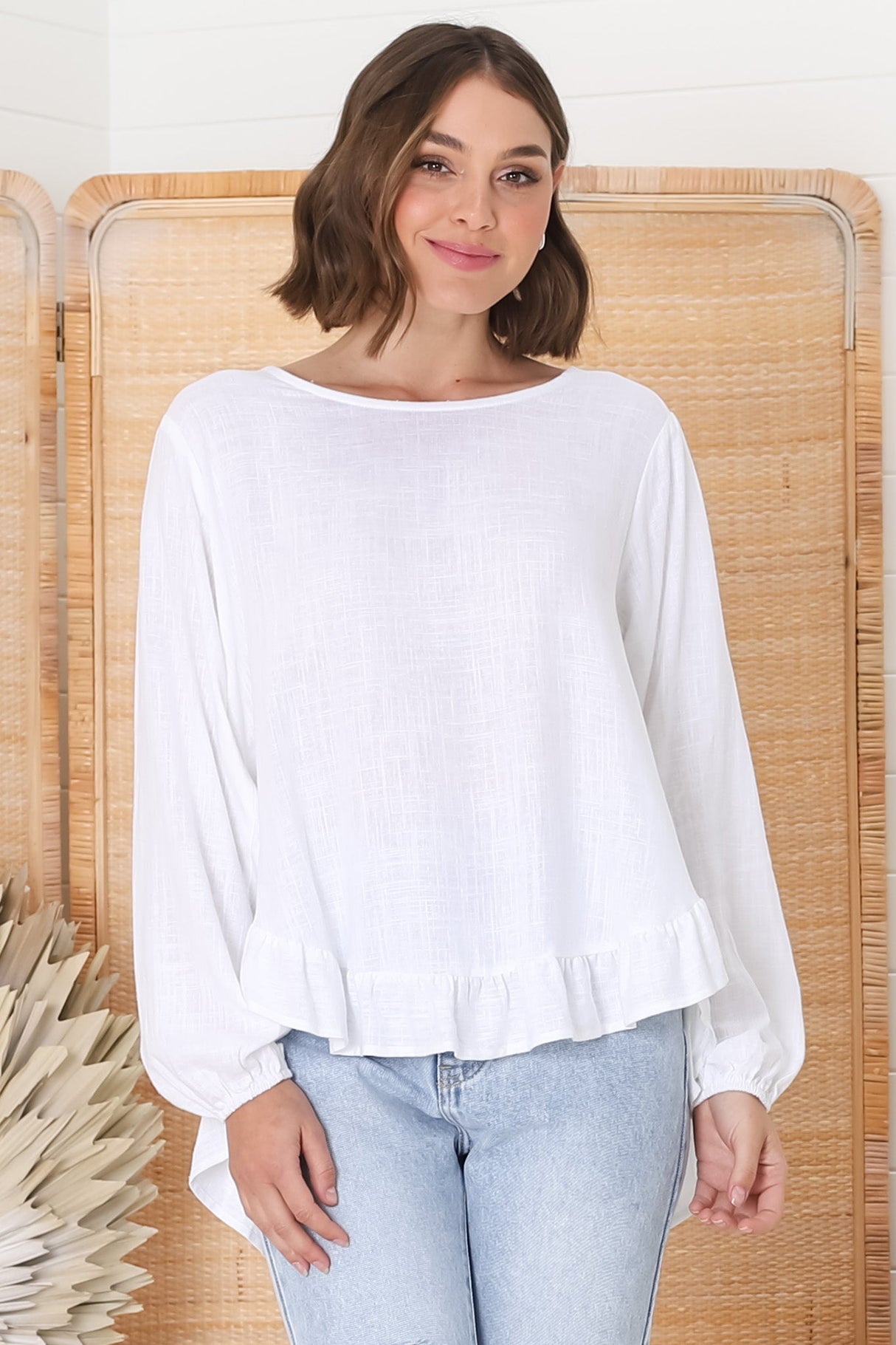 Solara Top - Crew Neck Linen Blend Frill Hemmed Top in White