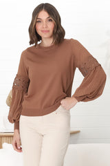 Falinda Knit Top - Crew Neck Lace Sleeve Knit in Tan