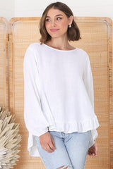 Solara Top - Crew Neck Linen Blend Frill Hemmed Top in White