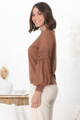 Falinda Knit Top - Crew Neck Lace Sleeve Knit in Tan