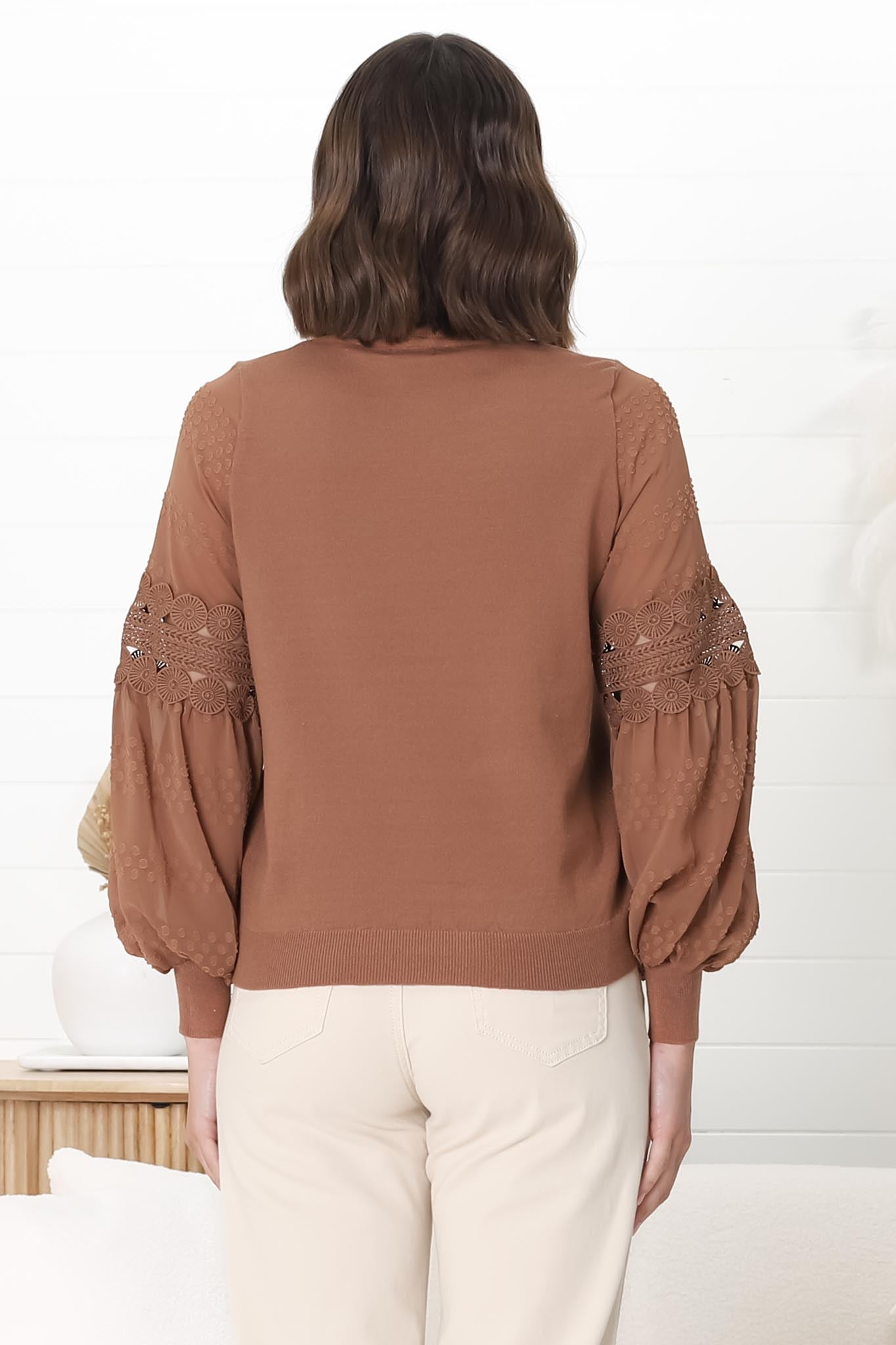 Falinda Knit Top - Crew Neck Lace Sleeve Knit in Tan