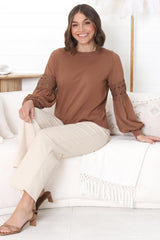 Falinda Knit Top - Crew Neck Lace Sleeve Knit in Tan