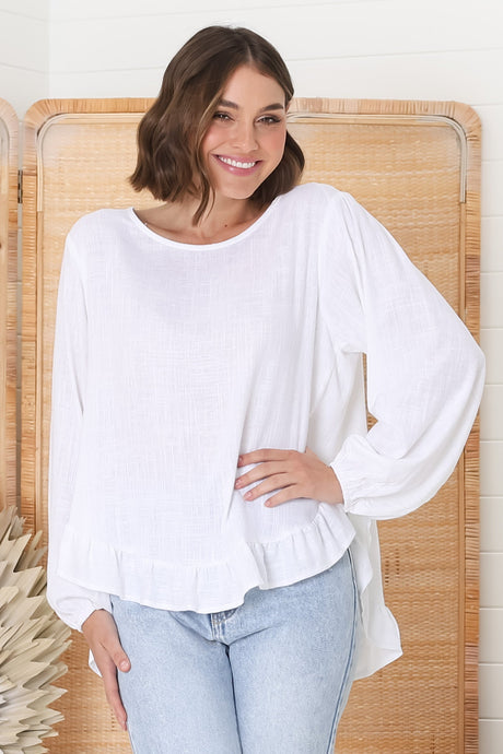 Solara Top - Crew Neck Linen Blend Frill Hemmed Top in White