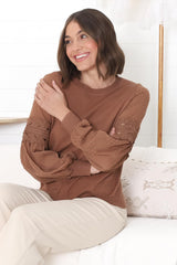 Falinda Knit Top - Crew Neck Lace Sleeve Knit in Tan