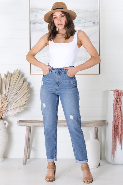 Nettie Jeans - High Waisted Distressed Straight Leg Folded Cuff Jeans