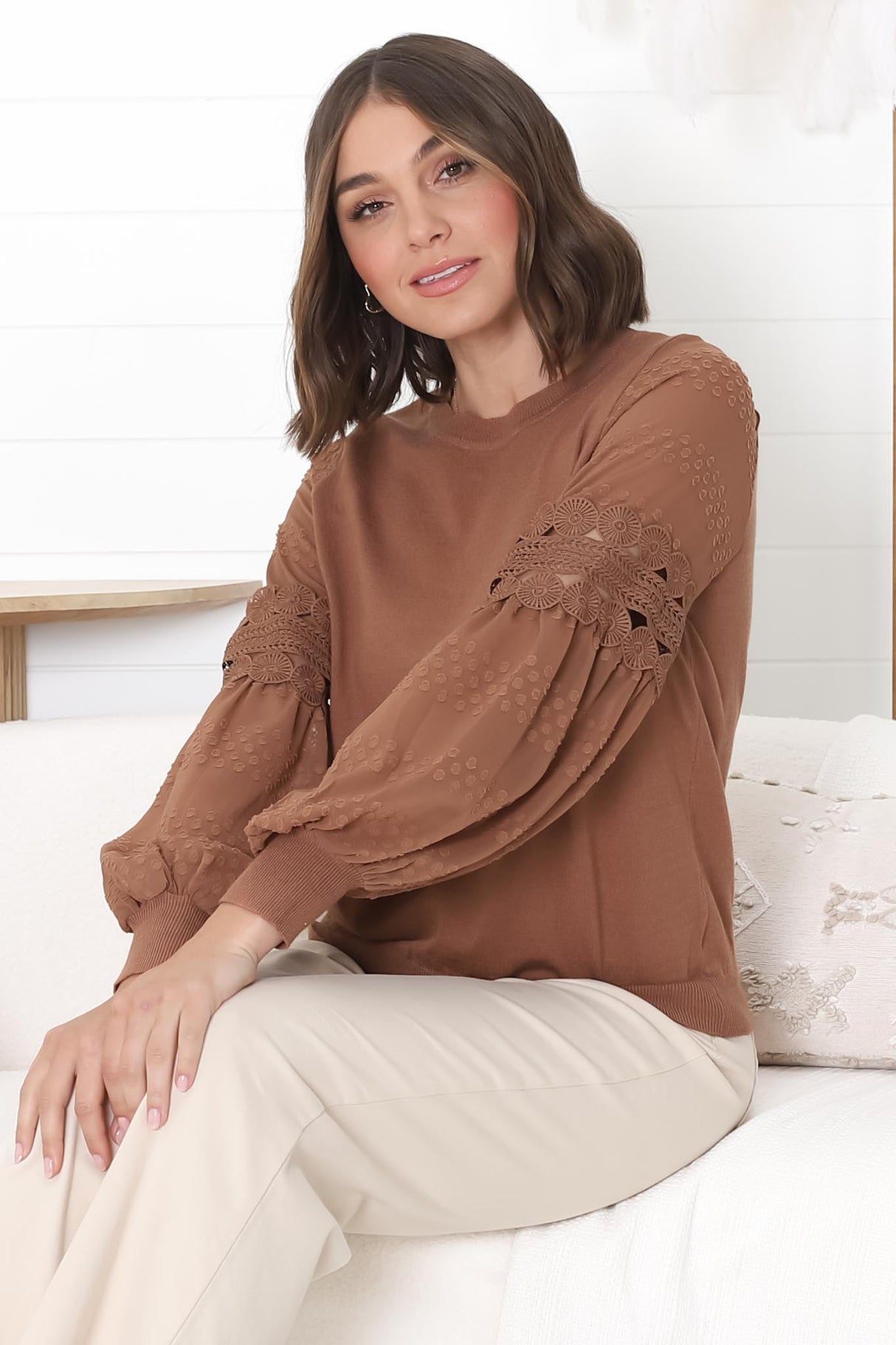 Falinda Knit Top - Crew Neck Lace Sleeve Knit in Tan