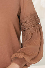 Falinda Knit Top - Crew Neck Lace Sleeve Knit in Tan