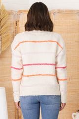 Fletcher Knit Jumper - Crew Neck Multi Colour Stripe Knit in Cream