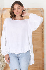 Solara Top - Crew Neck Linen Blend Frill Hemmed Top in White