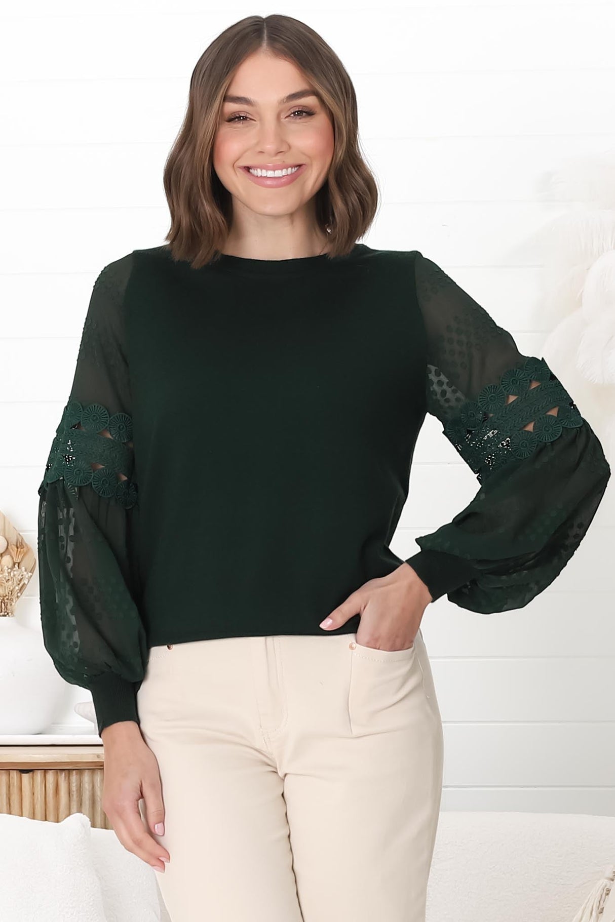 Falinda Knit Top - Crew Neck Lace Sleeve Knit in Dark Green