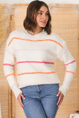 Fletcher Knit Jumper - Crew Neck Multi Colour Stripe Knit in Cream