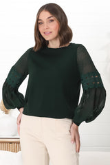 Falinda Knit Top - Crew Neck Lace Sleeve Knit in Dark Green