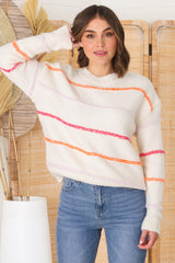 Fletcher Knit Jumper - Crew Neck Multi Colour Stripe Knit in Cream