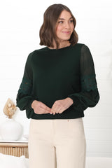 Falinda Knit Top - Crew Neck Lace Sleeve Knit in Dark Green