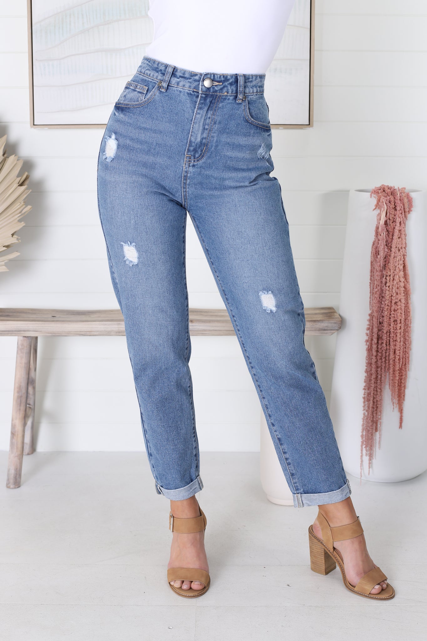 Nettie Jeans - High Waisted Distressed Straight Leg Folded Cuff Jeans
