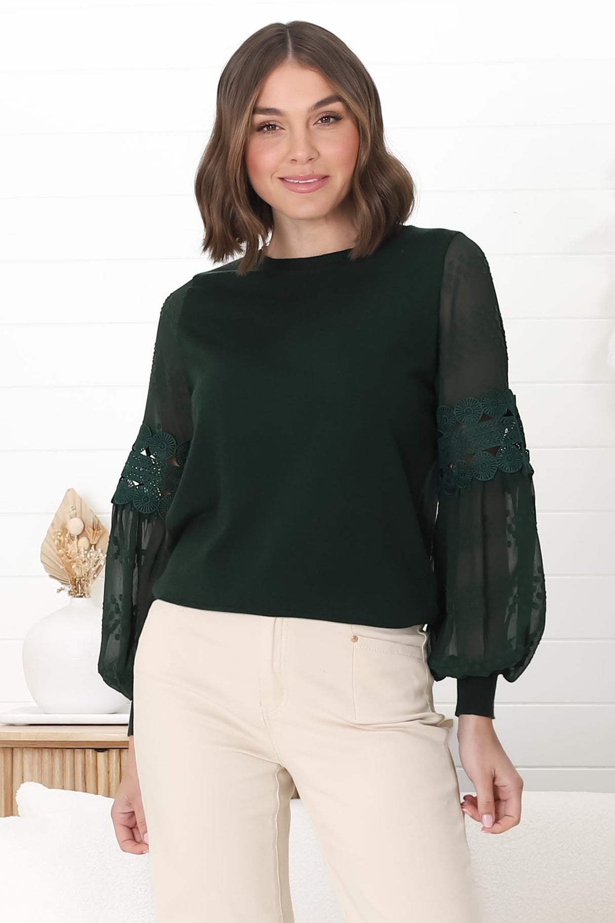 Falinda Knit Top - Crew Neck Lace Sleeve Knit in Dark Green