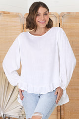 Solara Top - Crew Neck Linen Blend Frill Hemmed Top in White