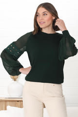 Falinda Knit Top - Crew Neck Lace Sleeve Knit in Dark Green