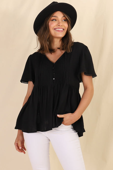 Mallory Top - Pleated Bodice Crochet Trim Cap Sleeve Smock Top in Black