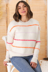 Fletcher Knit Jumper - Crew Neck Multi Colour Stripe Knit in Cream