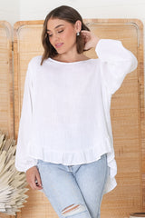 Solara Top - Crew Neck Linen Blend Frill Hemmed Top in White