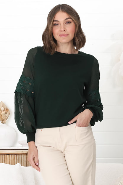 Falinda Knit Top - Crew Neck Lace Sleeve Knit in Dark Green