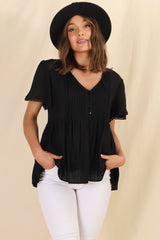 Mallory Top - Pleated Bodice Crochet Trim Cap Sleeve Smock Top in Black