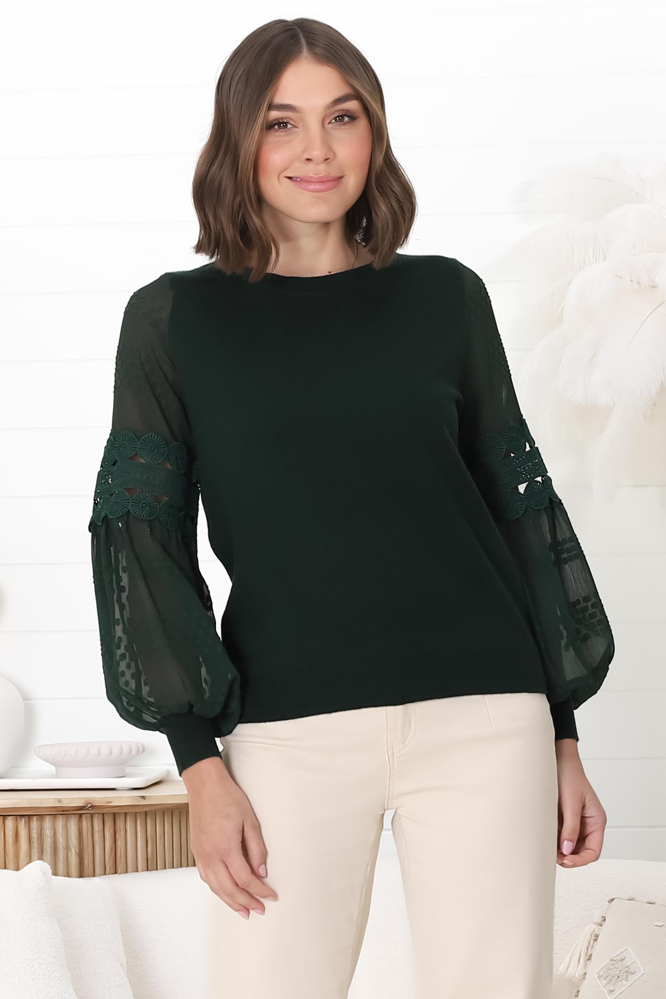 Falinda Knit Top - Crew Neck Lace Sleeve Knit in Dark Green