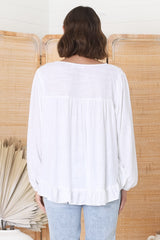 Solara Top - Crew Neck Linen Blend Frill Hemmed Top in White