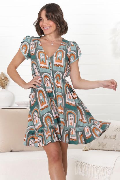 JAASE - Lizzie Mini Dress: Butterfly Cap Sleeve Button Down Dress with Pockets in Emerald Arches Print