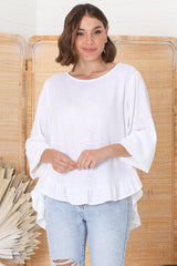 Solara Top - Crew Neck Linen Blend Frill Hemmed Top in White