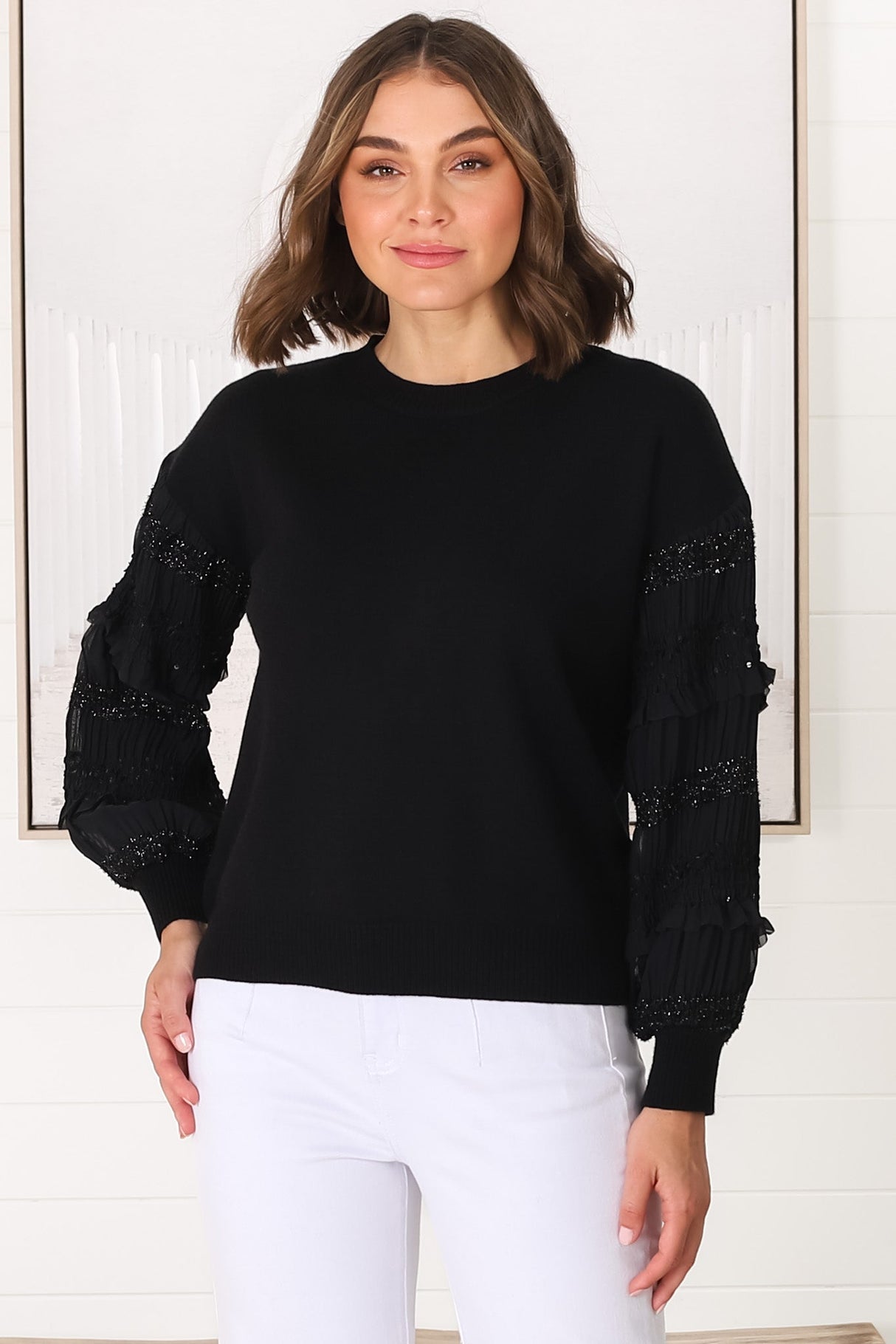 Louisa Knit Jumper - Long Sheer Lace Work Sleeve Jumper in Black