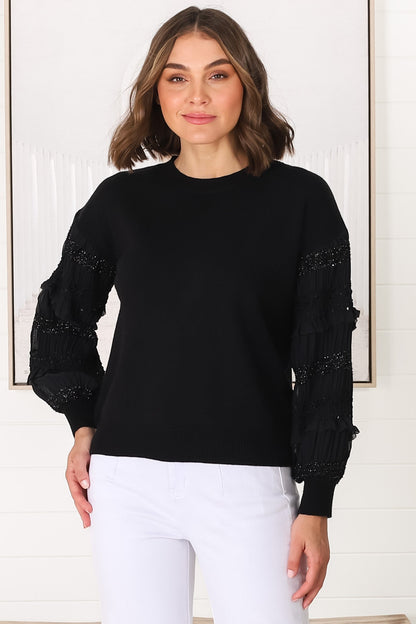 Louisa Knit Jumper - Long Sheer Lace Work Sleeve Jumper in Black