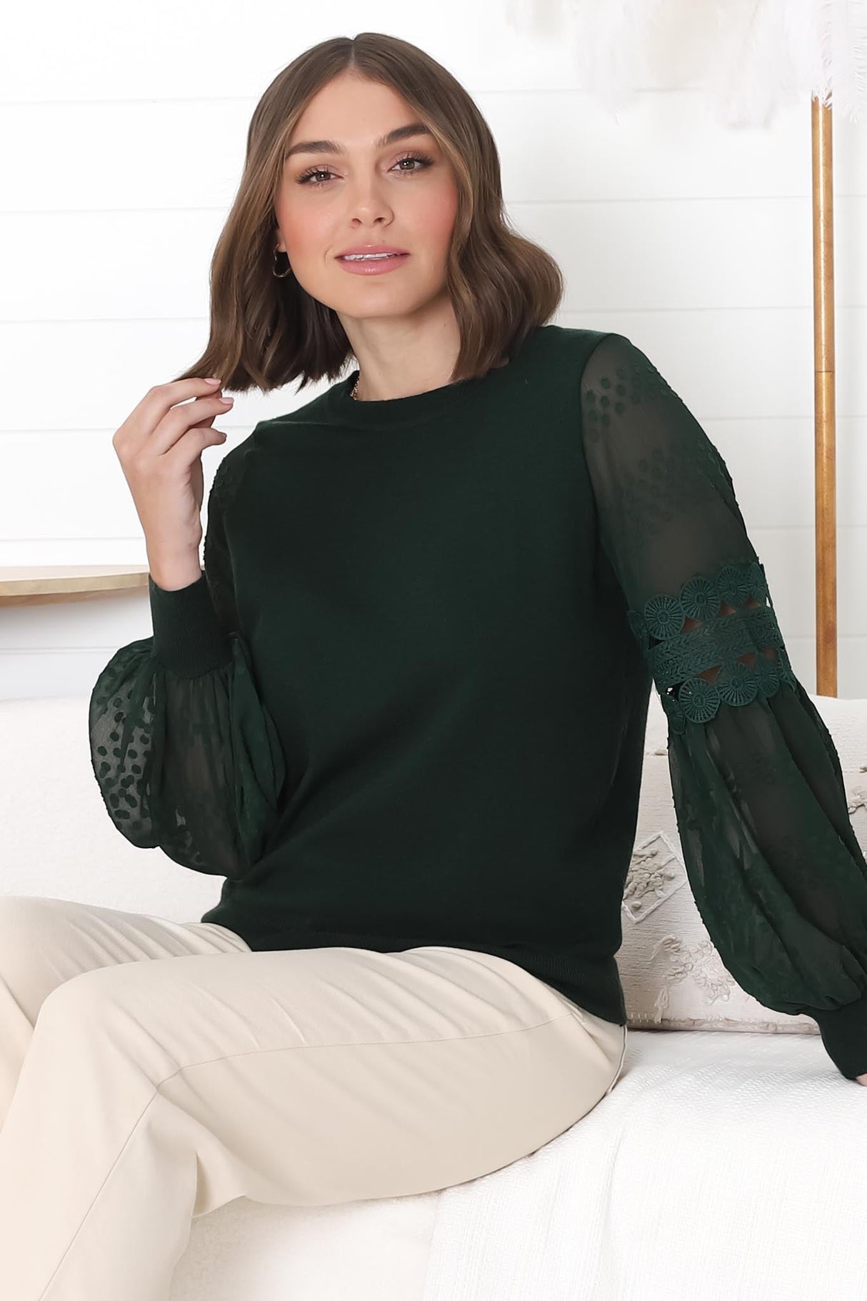 Falinda Knit Top - Crew Neck Lace Sleeve Knit in Dark Green