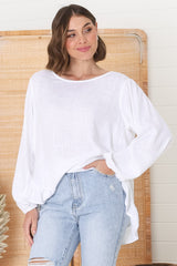 Solara Top - Crew Neck Linen Blend Frill Hemmed Top in White