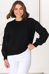 Louisa Knit Jumper - Long Sheer Lace Work Sleeve Jumper in Black