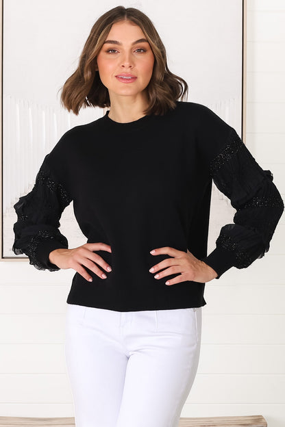 Louisa Knit Jumper - Long Sheer Lace Work Sleeve Jumper in Black