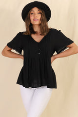 Mallory Top - Pleated Bodice Crochet Trim Cap Sleeve Smock Top in Black