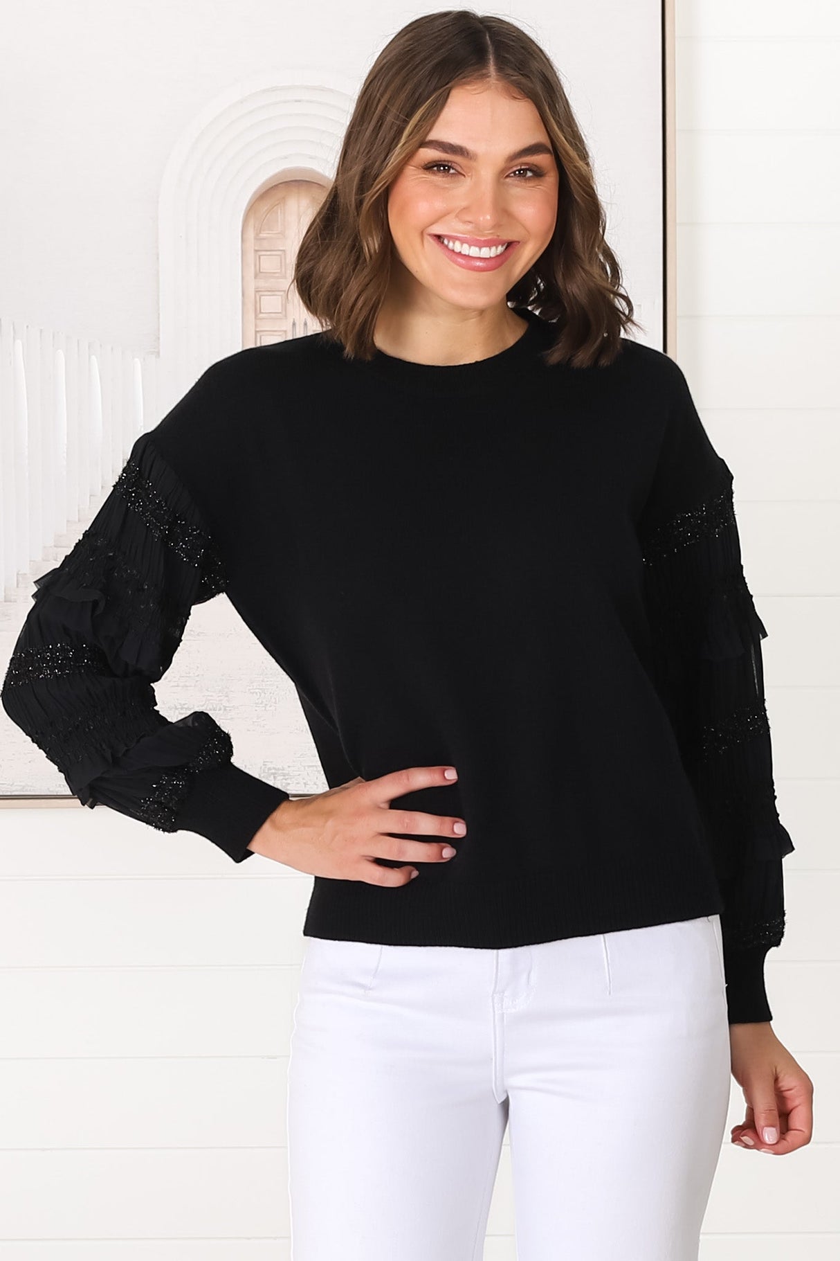 Louisa Knit Jumper - Long Sheer Lace Work Sleeve Jumper in Black