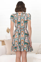 JAASE - Lizzie Mini Dress: Butterfly Cap Sleeve Button Down Dress with Pockets in Emerald Arches Print