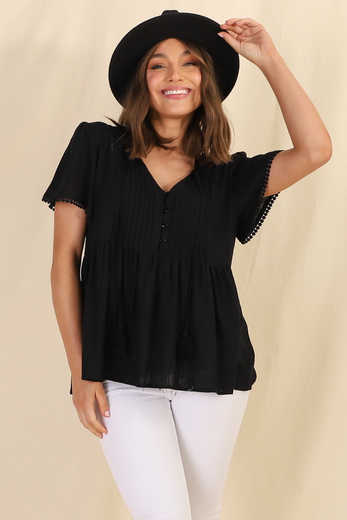 Mallory Top - Pleated Bodice Crochet Trim Cap Sleeve Smock Top in Black