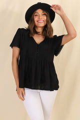 Mallory Top - Pleated Bodice Crochet Trim Cap Sleeve Smock Top in Black