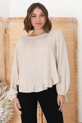 Solara Top - Crew Neck Linen Blend Frill Hemmed Top in Oat